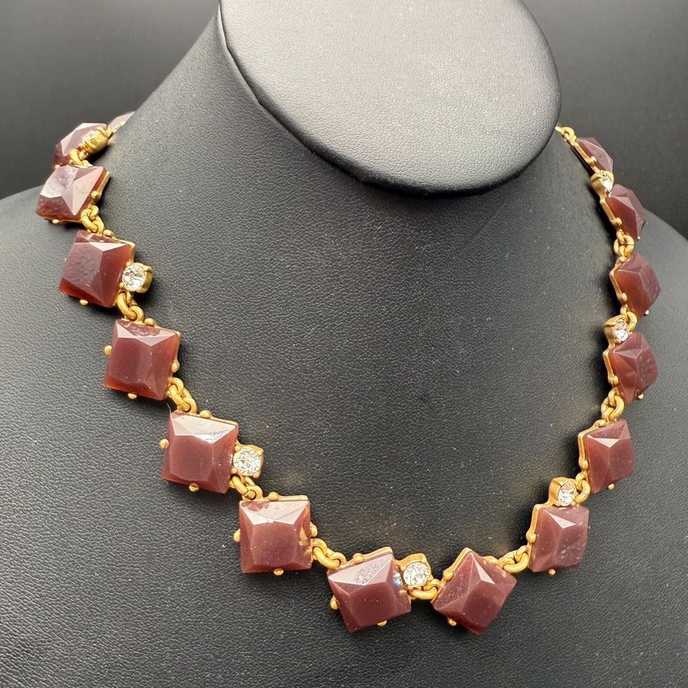 💎 J.Crew Statement Necklace 17"-20" Burgundy Pyramid Stones Gold Chain Sparkle